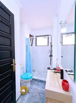 a bathroom with a shower and a toilet and a sink at 3 bedroom villa with private pool near centre in Marrakech