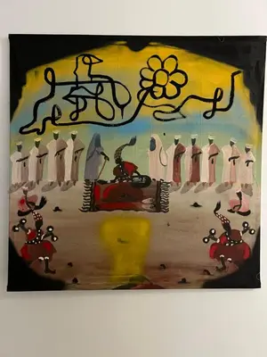 a painting of a group of men and a flower at Riad dar lfen in Marrakech