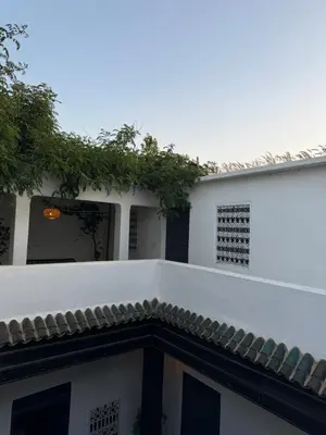 a white building with a roof and some plants at Riad Maiya in Marrakech