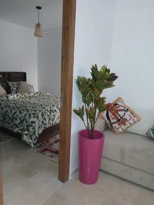 a plant in a pink vase next to a bed at marrakech semlalia gueliz in Marrakech