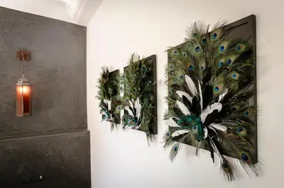two peacock paintings on a wall in a bathroom at Amelkis Golf Marrakech, Villa 6ch, piscine chauffée in Marrakech
