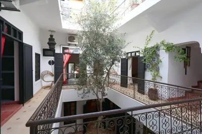 an indoor hallway with a staircase with trees on it at Riad XCIX, basin, 3 bedrooms in Medina excluded in Marrakech