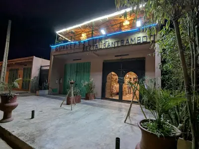 a lit up building with plants in front of it at the old house in Marrakech