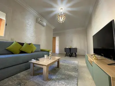 a living room with a couch and a tv at Stylish Appart near the centre in Marrakech