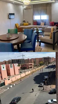 two pictures of a living room with couches and tables at Top apartment Great location in Marrakech