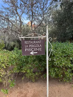 a sign on a pole in front of some bushes at Traditional Moroccan Flat in Palmeraie in Marrakech