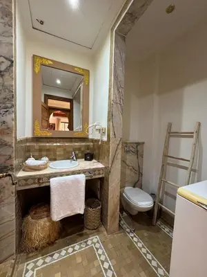 a bathroom with a sink and a toilet and a mirror at Traditional Moroccan Flat in Palmeraie in Marrakech