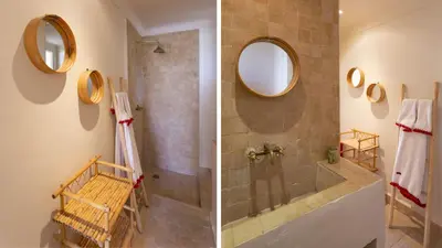 two pictures of a bathroom with a shower and a tub at Dar Z5 3 bedrooms in Marrakech