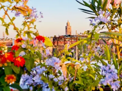 a bunch of flowers in front of a building at Riad Kaya in Marrakech