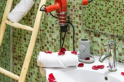 a bathroom with a toilet with red roses on it at Appartement Bien équipé au Centre ville Garage Privé et Climatiseur Fibre 5G in Marrakech