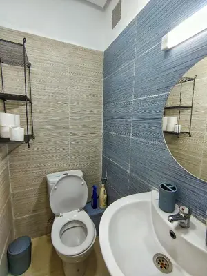 a bathroom with a toilet and a sink and a mirror at Chic & Comfort Apartment in Marrakech