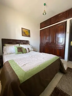 a bedroom with a large bed and wooden cabinets at appartement Alaoui in Marrakech