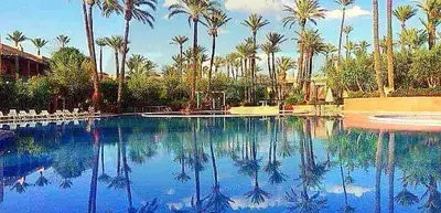 a swimming pool with palm trees and blue water at SEJOUR D'EXCEPTION LUXE Et SERENITE MARRAKECH in Marrakech