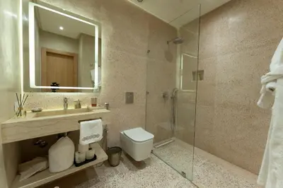 a bathroom with a shower and a toilet and a sink at Riad Rumi Marrakech Medina in Marrakech