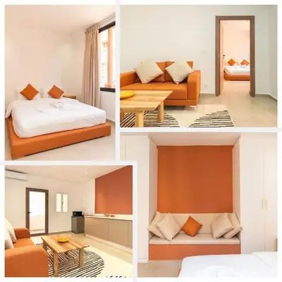 a collage of four pictures of a hotel room at Suite Mandarine - Charme et confort chaleureux in Marrakech
