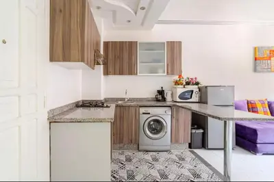 a kitchen with a washer and dryer on a counter at Confort et style en pleins centre ville in Marrakech