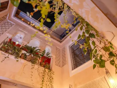 a room with potted plants on a wall with windows at Riad Mayan & Spa in Marrakech