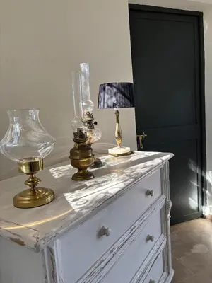 a white dresser with two lamps on top of it at NEW Dar Aït Zahra Marrakech-Cook included-View ATLAS in Marrakech