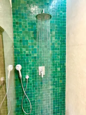 a green tiled shower with a shower head at Palais Celeste in Marrakech