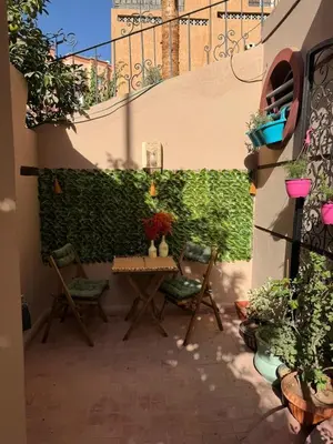 a patio with two chairs and a table with plants at Ghazaly house in Marrakech