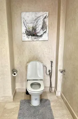 a bathroom with a toilet with a bird painting on the wall at Luxury apartment and free parking in Marrakech