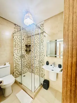 a bathroom with a shower and a toilet and a sink at Charmant Appartement 2 Room Wifi Marrakech in Marrakech