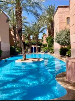 a large swimming pool with a palm tree in it at Riad Malika et Cristina in Marrakech
