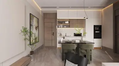 a kitchen and dining room with a table and chairs at Cosy résidence Gueliz avec piscine rooftop in Marrakech