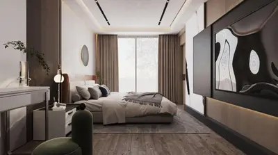 a bedroom with a bed and a large window at Cosy résidence Gueliz avec piscine rooftop in Marrakech