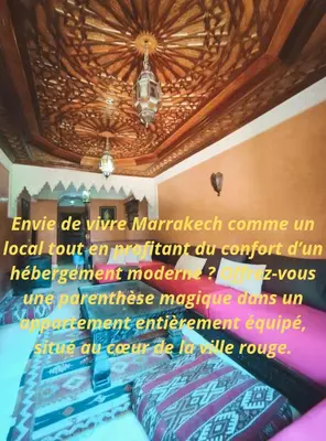 a poster of a room with a bed and a ceiling at Location journalier in Marrakech