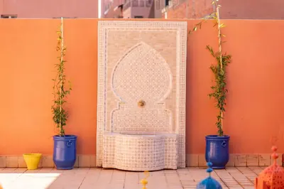a bathroom with a toilet in a wall with two potted plants at Lux & comfort Sunny terrace in Gueliz in Marrakech