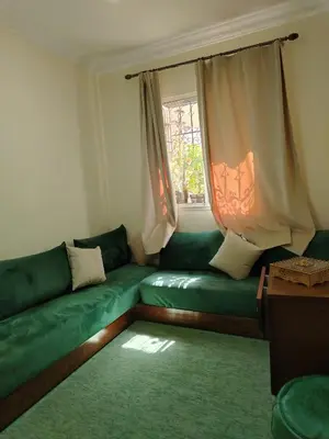 a green couch in a living room with a window at Joli et affordable appart pas loin de l'aéroport in Oulad Akkou