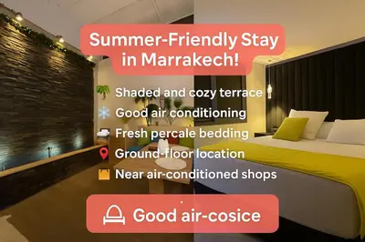 a poster of a hotel room with a bed and avertisement at Magnifique loft haut de gamme avec grande terrasse zen et fontaine murale situé en plein centre-ville de Marrakech dans le cœur du quartier Gueliz à proximité des rues commerçantes et animées du Carré Eden et du Plaza Dépôt de garantie obligatoire in Marrakech