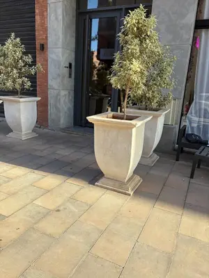 two large pots with trees in them on a patio at Magnifique loft haut de gamme avec grande terrasse zen et fontaine murale situé en plein centre-ville de Marrakech dans le cœur du quartier Gueliz à proximité des rues commerçantes et animées du Carré Eden et du Plaza Dépôt de garantie obligatoire in Marrakech