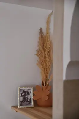 a vase with a plant and a picture on a shelf at Riad Nūr in Marrakech