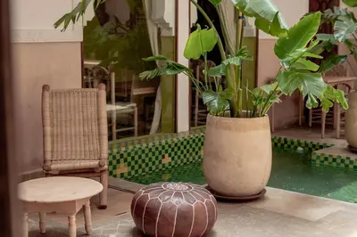 a vase with a plant and a chair and a table at Riad Tecla in Marrakech