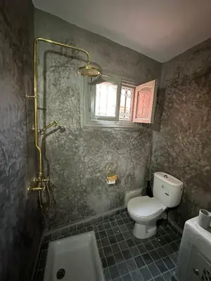a bathroom with a toilet and a shower and a sink at Charming Private Riad in Marrakech