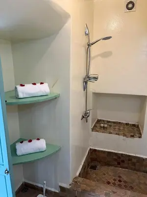 a bathroom with a shower with two towels on shelves at Riad medina d'or in Marrakech