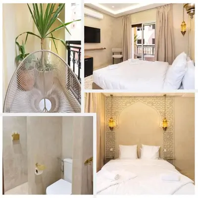 a collage of four pictures of a hotel room at Suite Jasmin Elegance a Gueliz in Marrakech