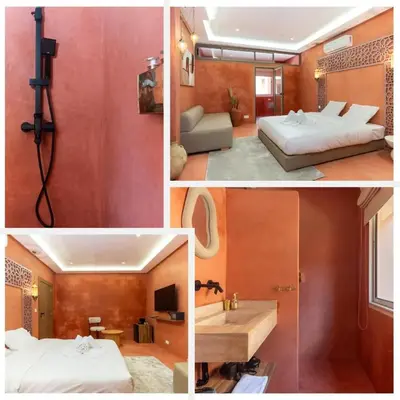 a collage of four pictures of a hotel room at Suite Sirocco - Confort a Gueliz in Marrakech