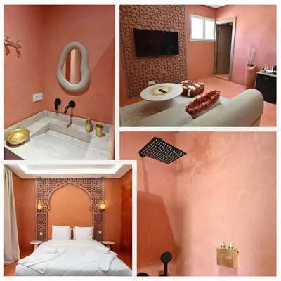 a collage of four pictures of a hotel room at Suite Safran - Ambiance berbere in Marrakech