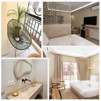 a collage of four pictures of a hotel room at Suite Ivoire - Elegance a Gueliz in Marrakech