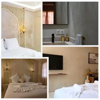 a collage of four pictures of a hotel room at Suite Oxyde - Elegance douce in Marrakech