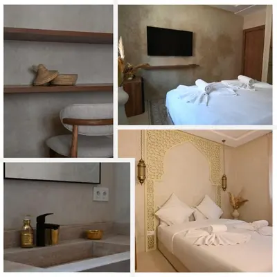 four pictures of a hotel room with a bed and a tv at Suite Atlas - Douceur et confort in Marrakech