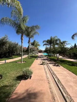 a sidewalk with palm trees in a park at Duplex Le Vizir for 6 with Park Access 3 Pools in Dar Caïd Layadi