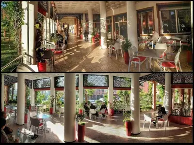 two pictures of a building with people sitting at tables at Riyad jennah in Marrakech
