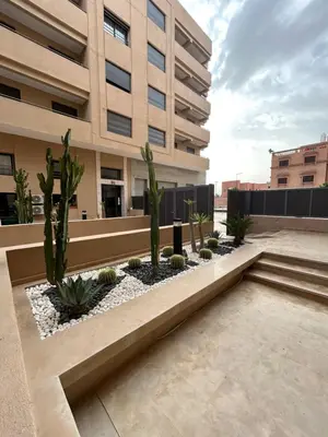 a courtyard with cacti and plants in front of a building at Appartement avec piscine Marrakech in Marrakech