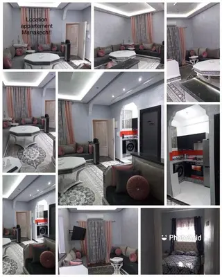 a collage of photos of a living room with furniture at Apt Marrakech vue sur Atlas in Marrakech