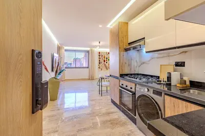 a kitchen with a stove and a dishwasher at 1BR appt in the centre gueliz in Marrakech