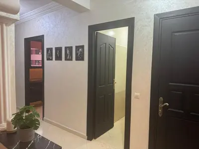 a hallway with two black doors and a plant at Elegant Apartment in Marrakech Gueliz in Marrakech